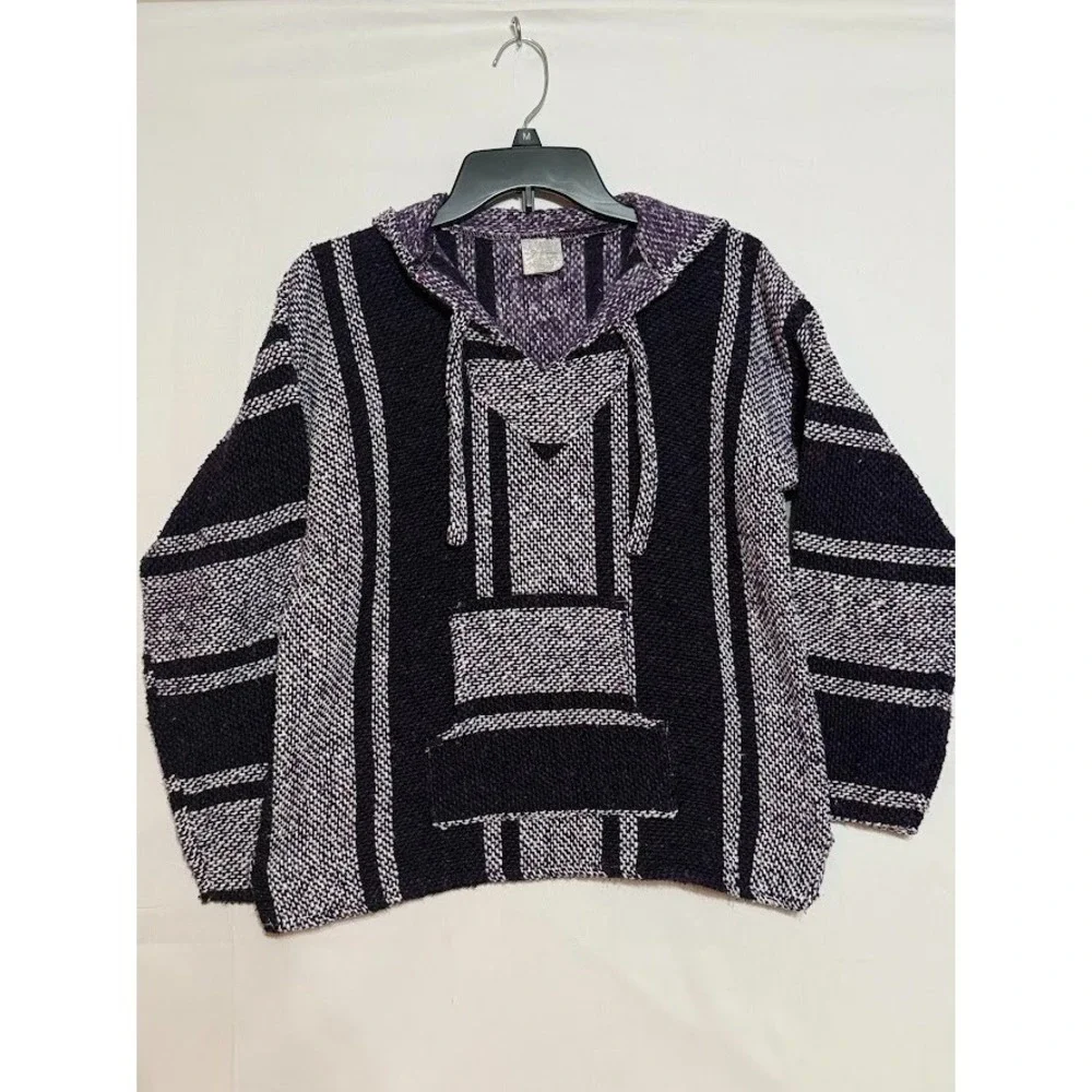 Artesanias Mexican Baja Hoodie Mens S Purple Striped Drug Rug Poncho Hippie Surf